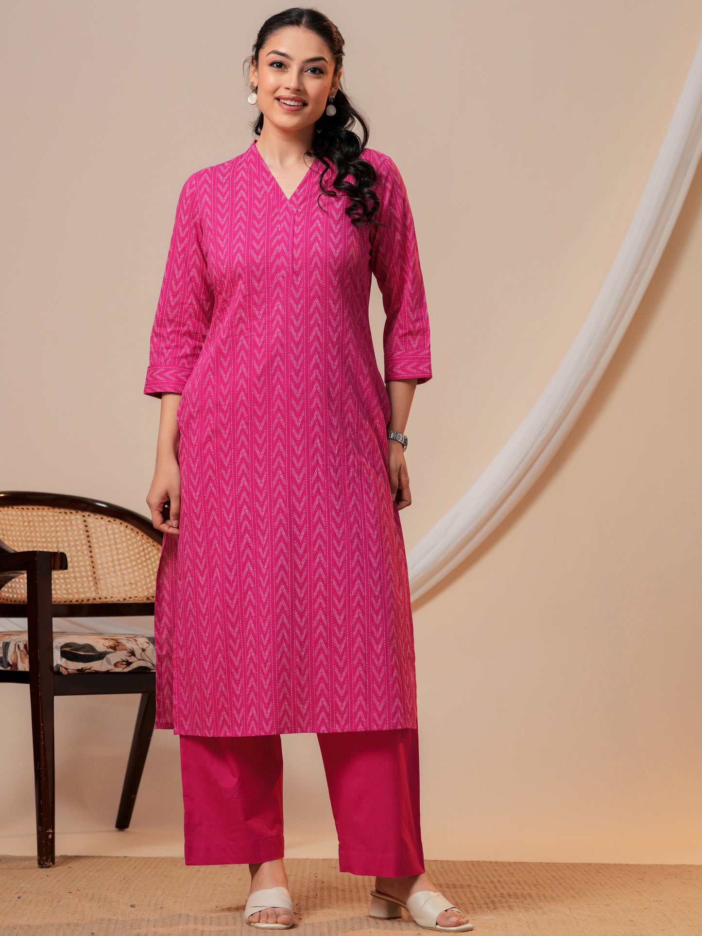 Soft cotton Ikat Straight Pink Kurta