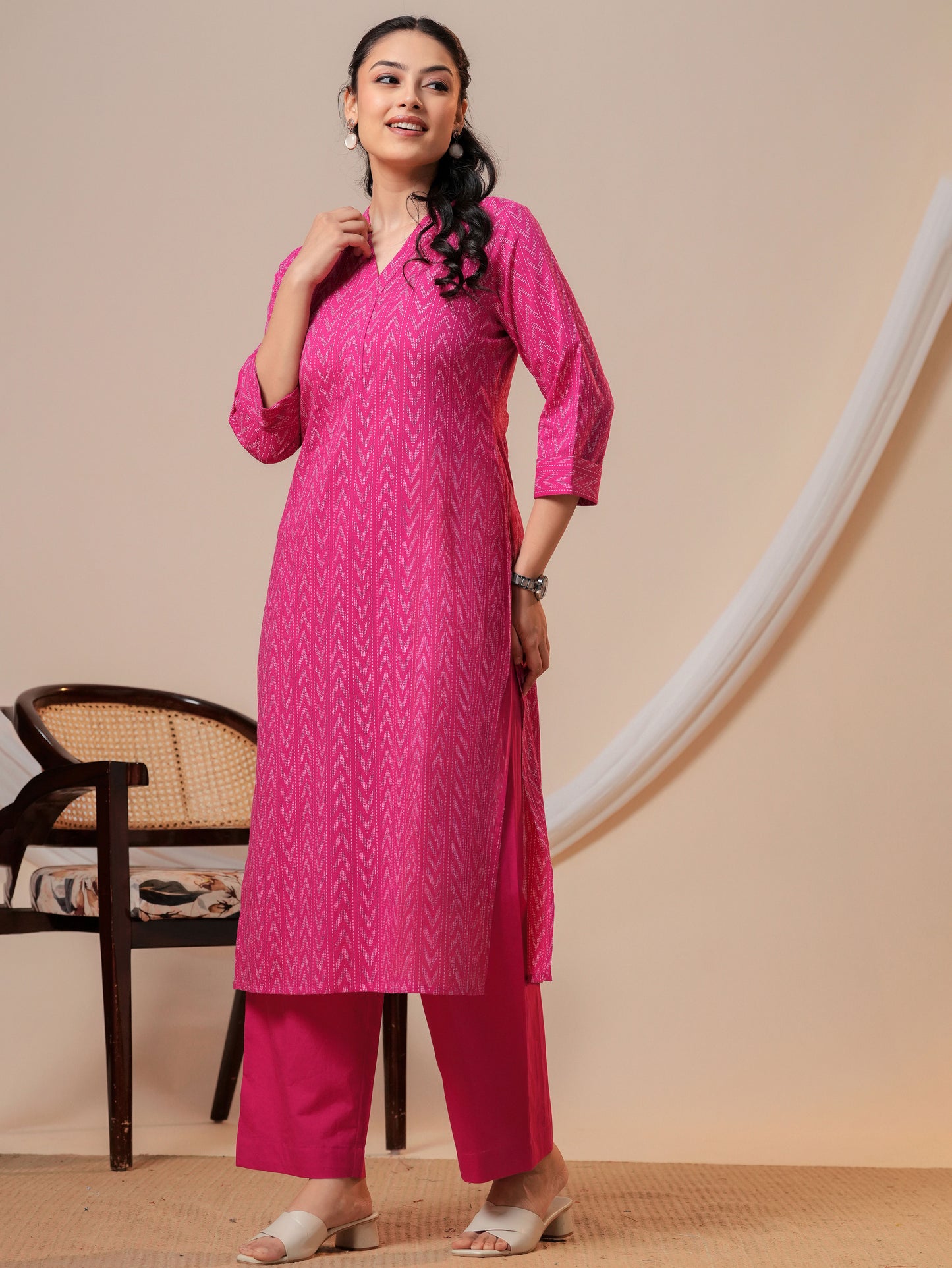 Soft cotton Ikat Straight Pink Kurta