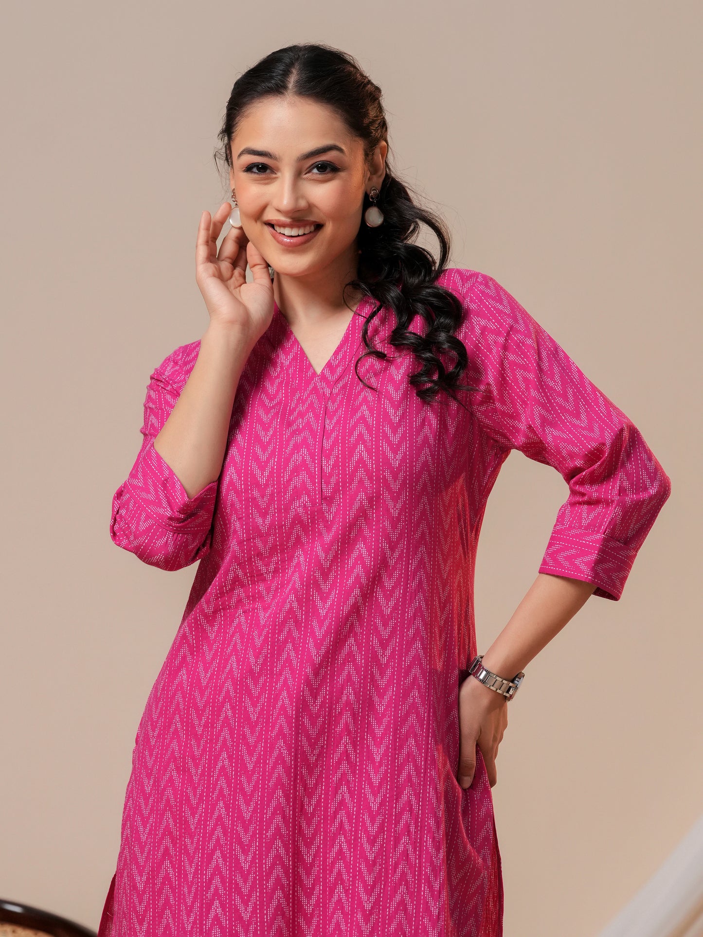 Soft cotton Ikat Straight Pink Kurta