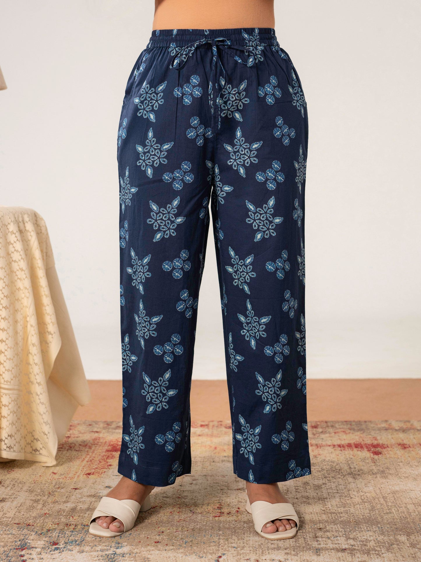 Soft cotton Floral Indigo blue Straight Trousers