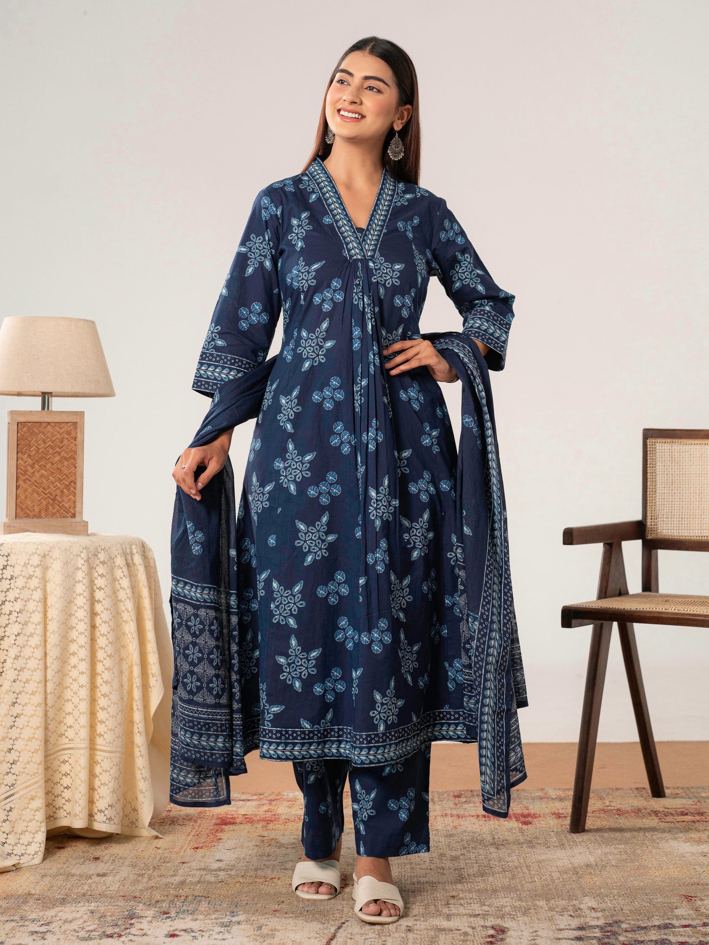 Soft cotton Floral Anarkali Indigo blue Kurta