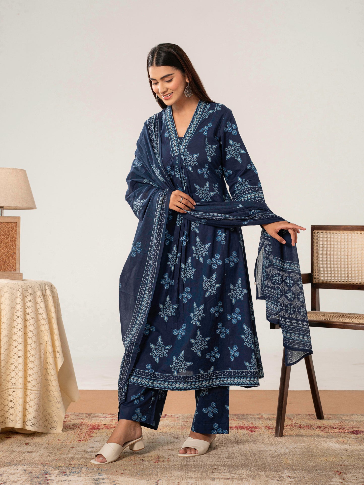 Soft cotton Floral Anarkali Indigo blue Kurta