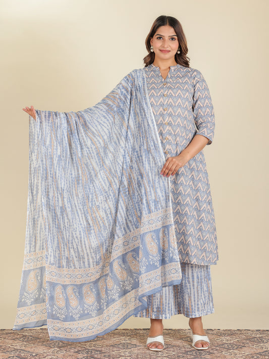 Soft Cotton Geometric A-line Blue Kurta