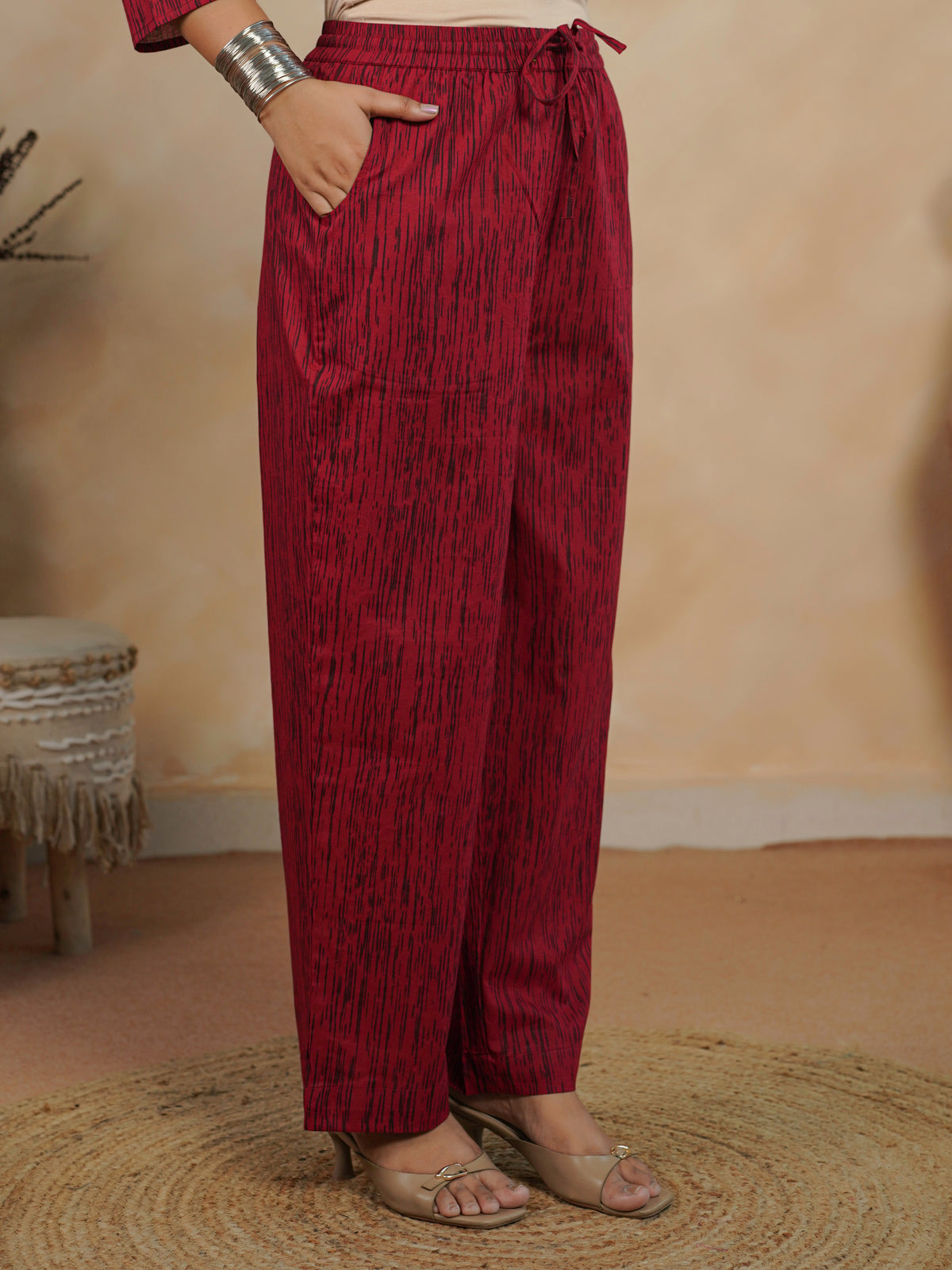 Cotton Voile Gold Foil Red Straight Trousers