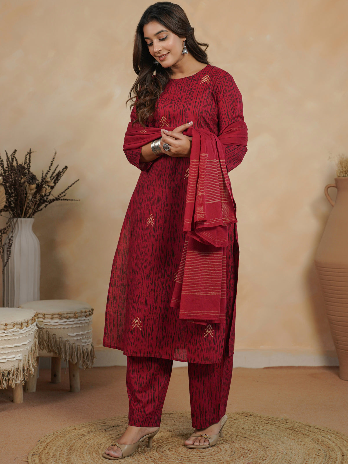 Cotton Voile Gold Foil Red Dupatta