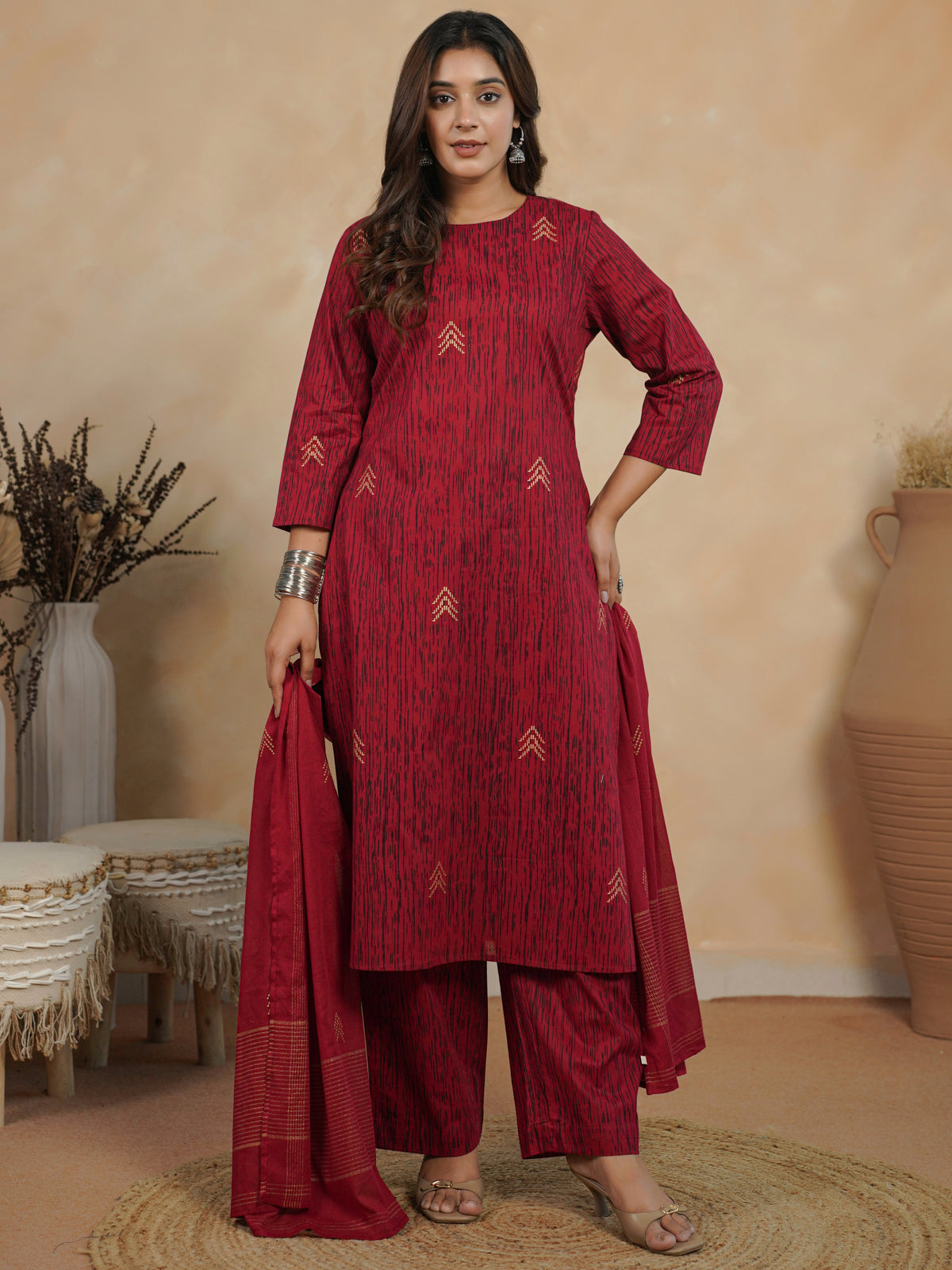 Soft Cotton Gold Foil Straight Red Kurta