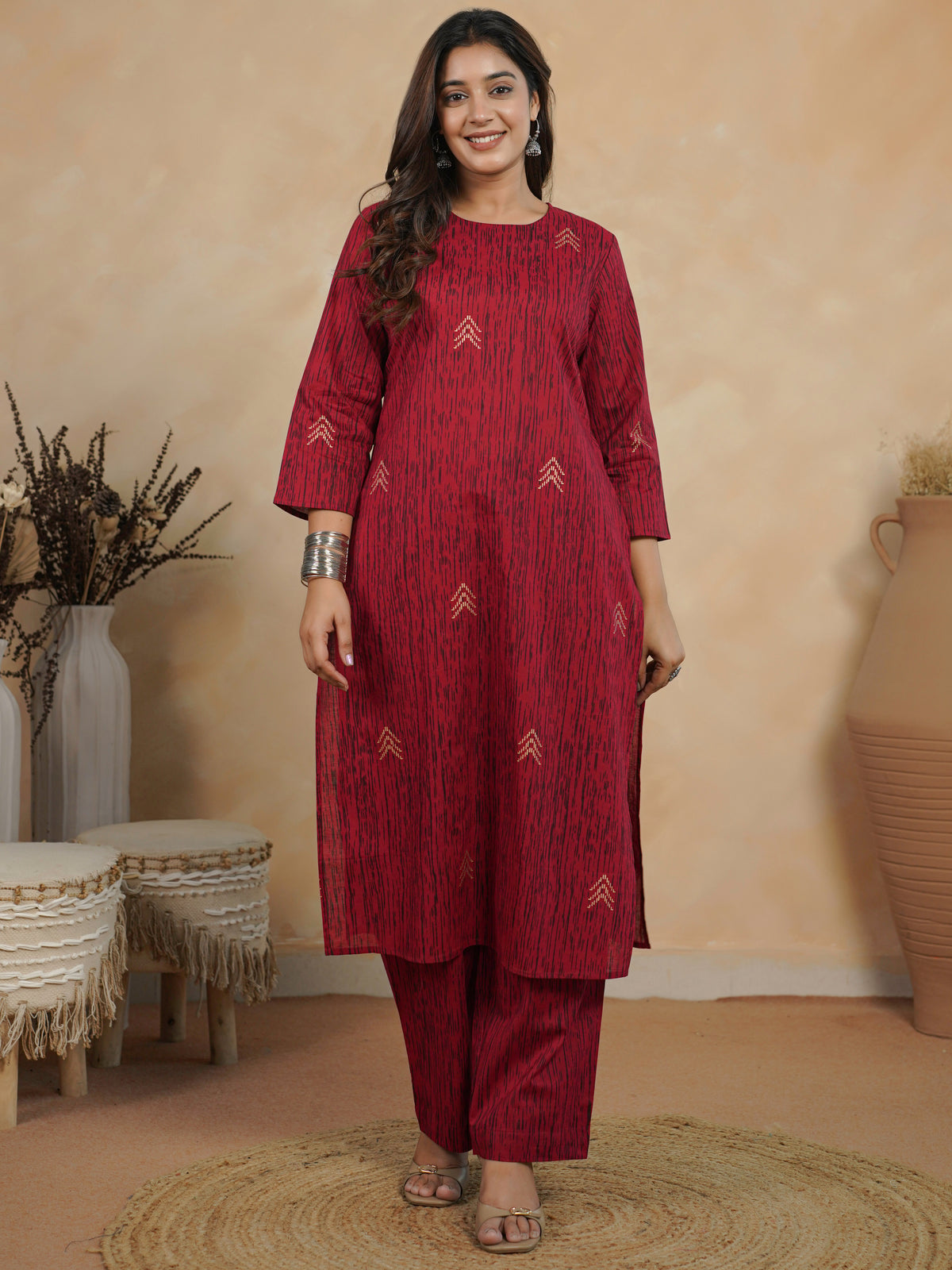 Soft Cotton Gold Foil Straight Red Kurta