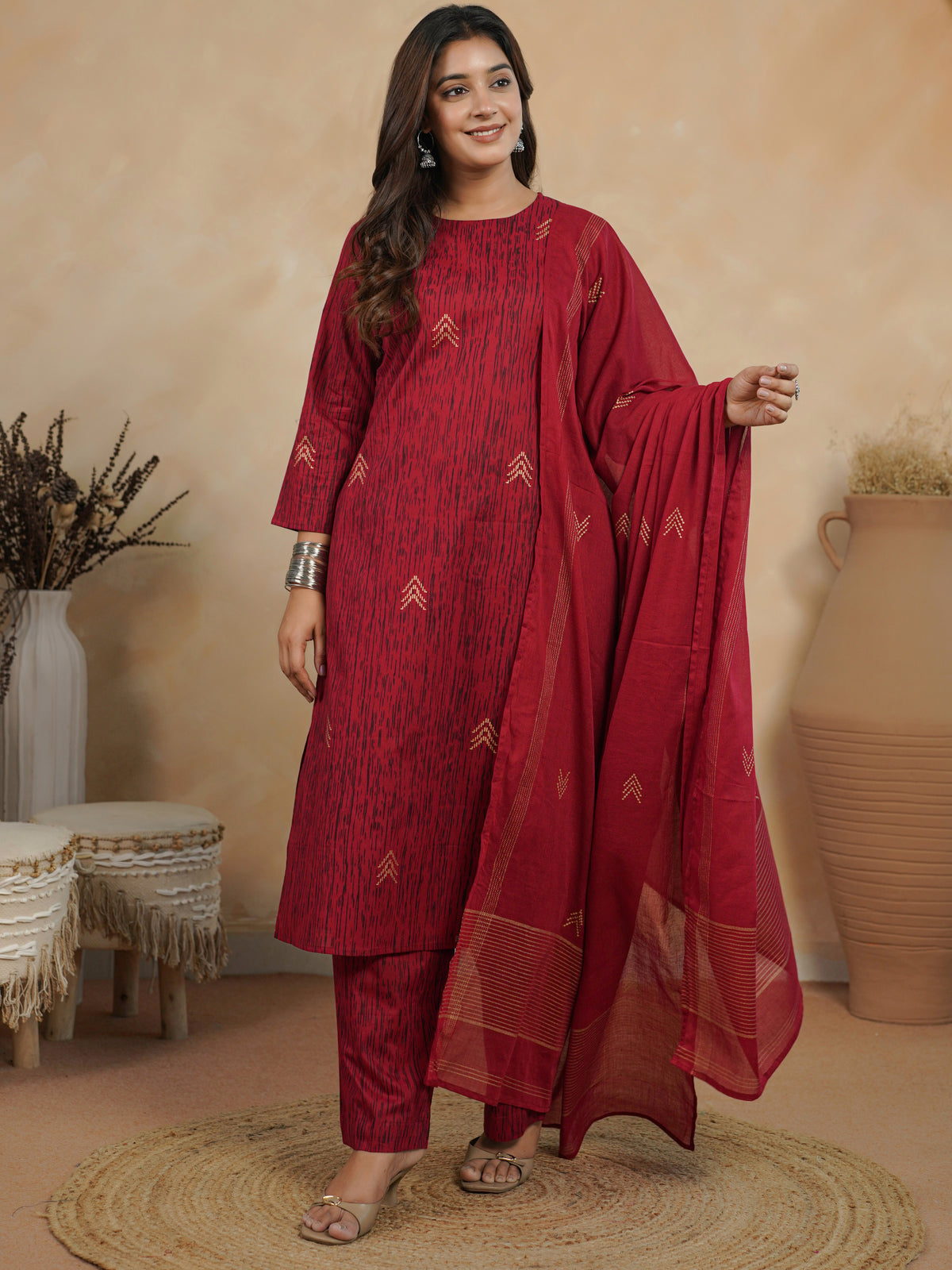 Soft Cotton Gold Foil Straight Red Kurta