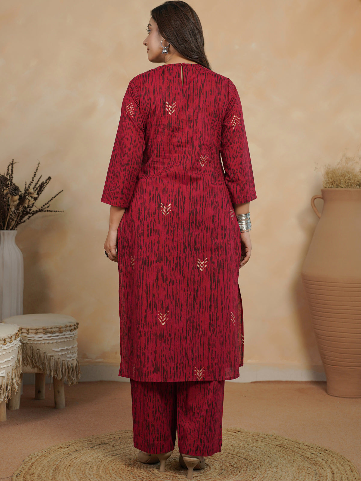 Soft Cotton Gold Foil Straight Red Kurta