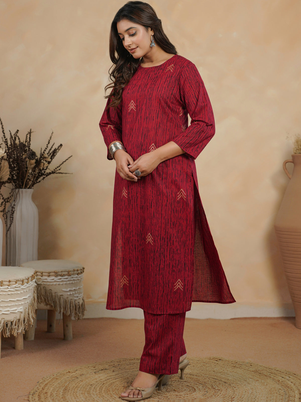 Soft Cotton Gold Foil Straight Red Kurta