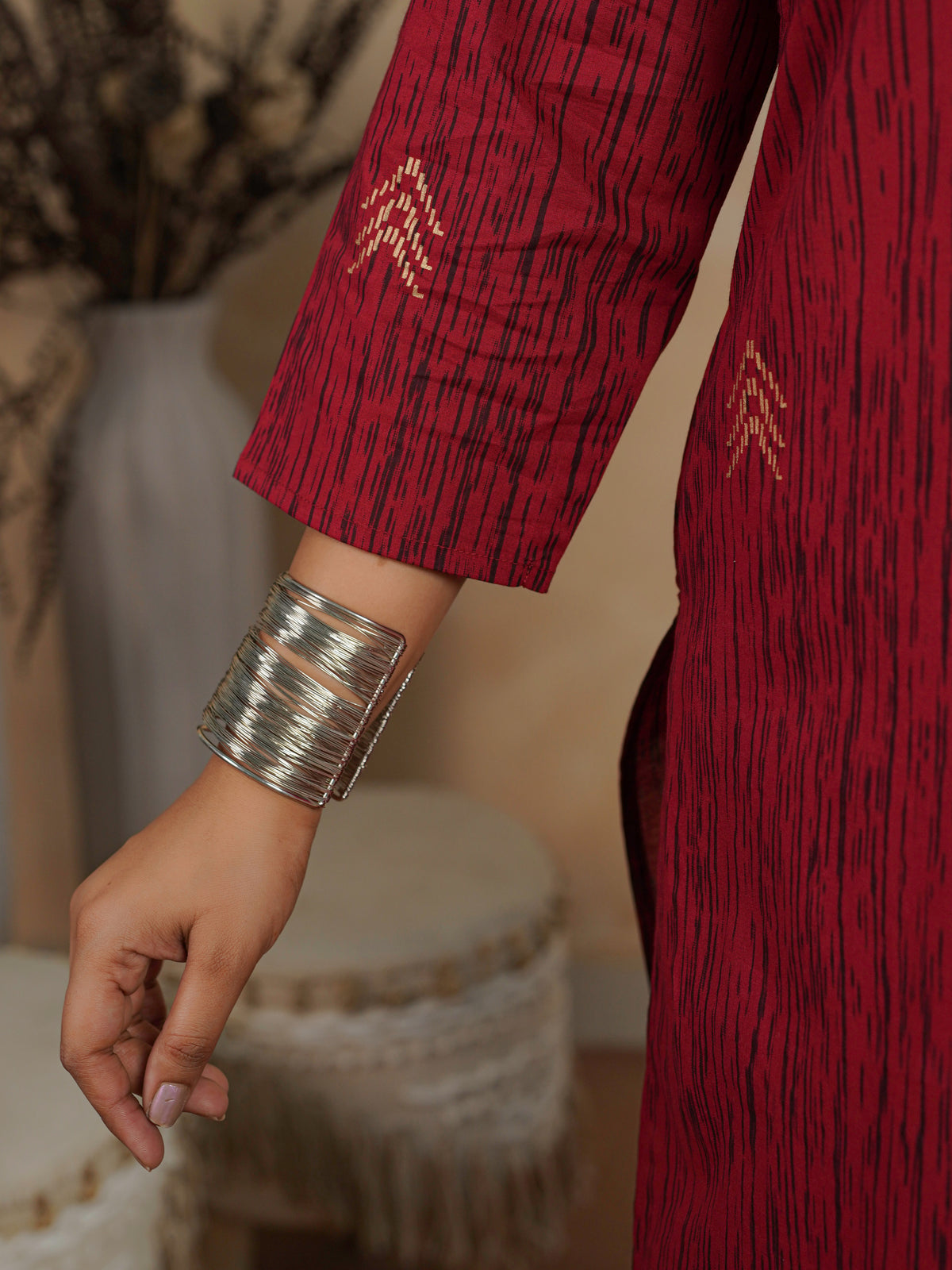 Soft Cotton Gold Foil Straight Red Kurta