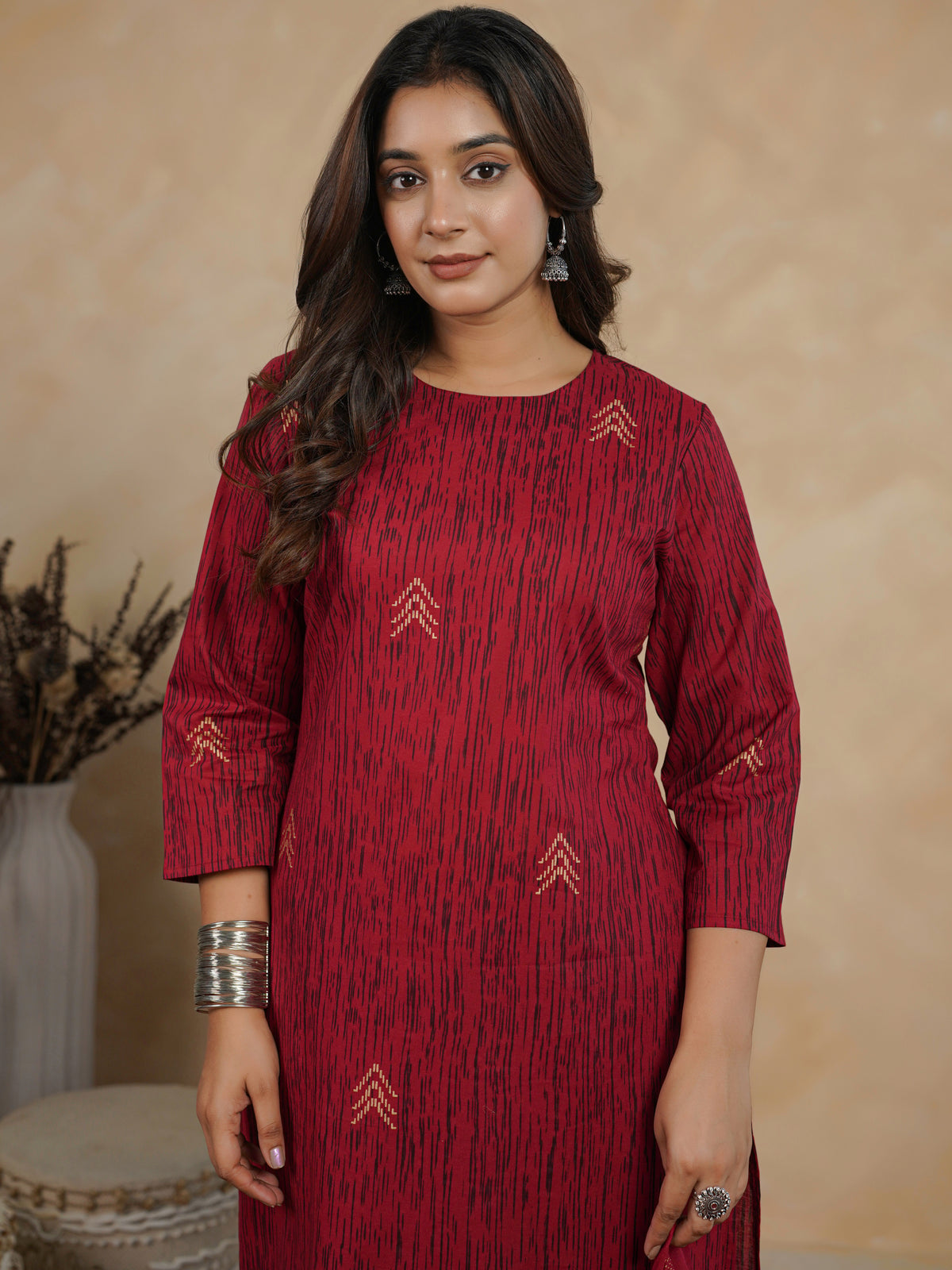 Soft Cotton Gold Foil Straight Red Kurta