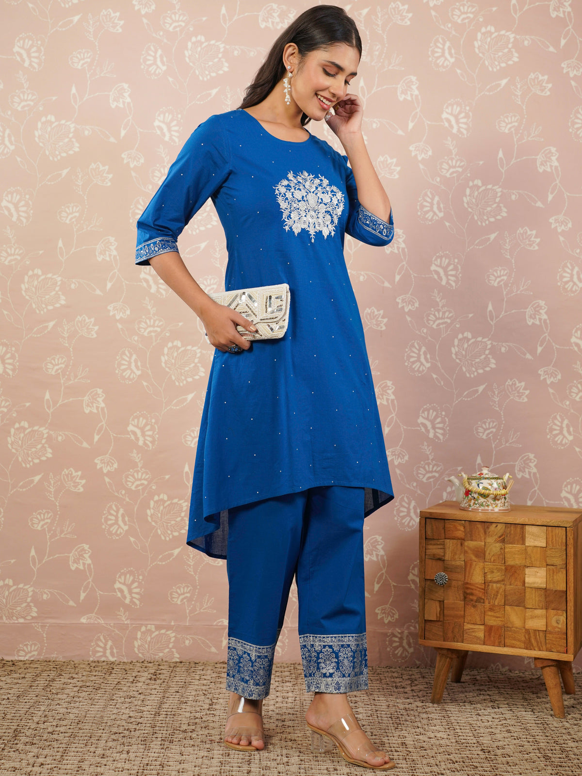 Embroidered soft cotton polka anarkali blue kurta