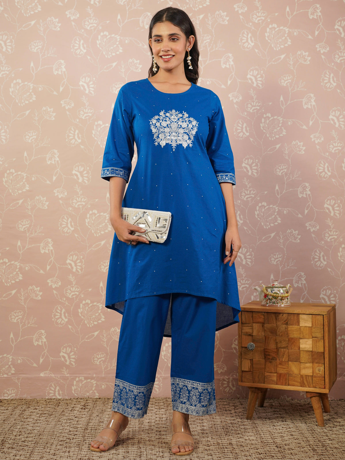 Embroidered soft cotton polka anarkali blue kurta