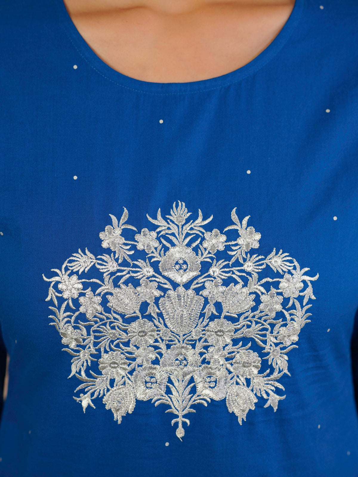 Embroidered soft cotton polka anarkali blue kurta