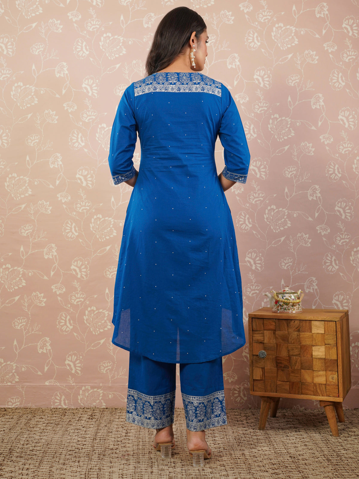 Embroidered soft cotton polka anarkali blue kurta