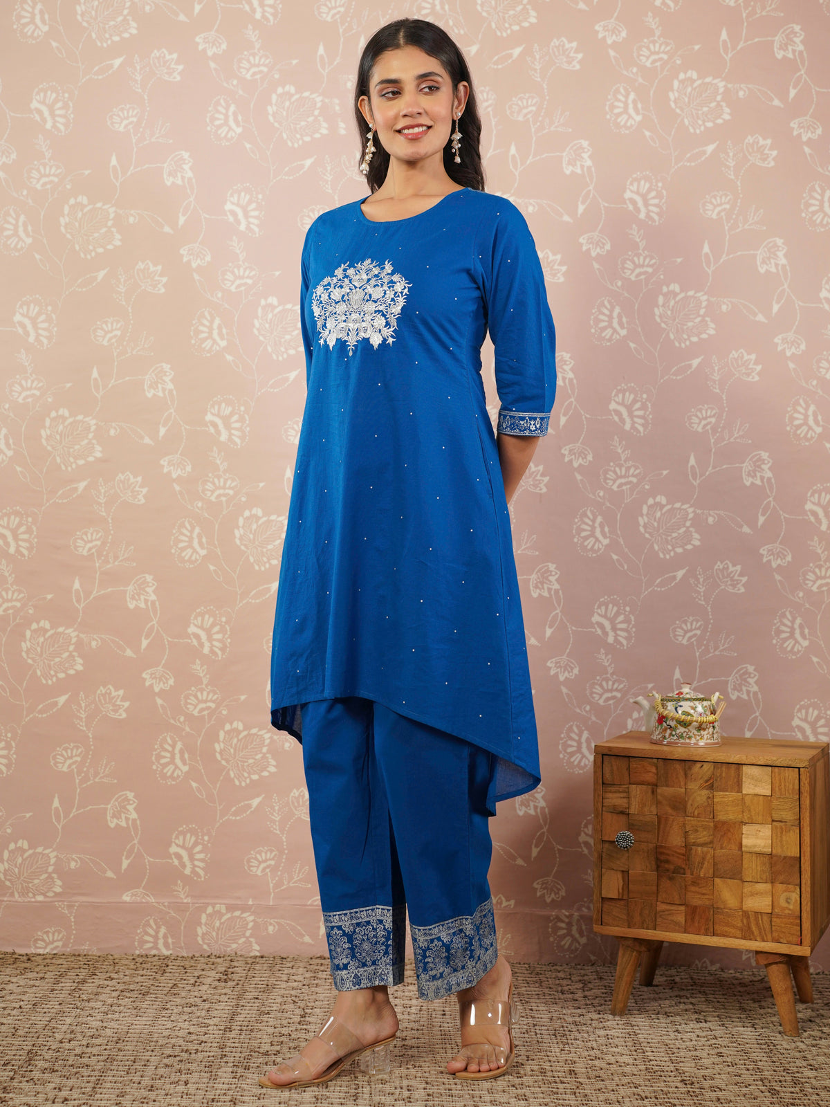 Embroidered soft cotton polka anarkali blue kurta