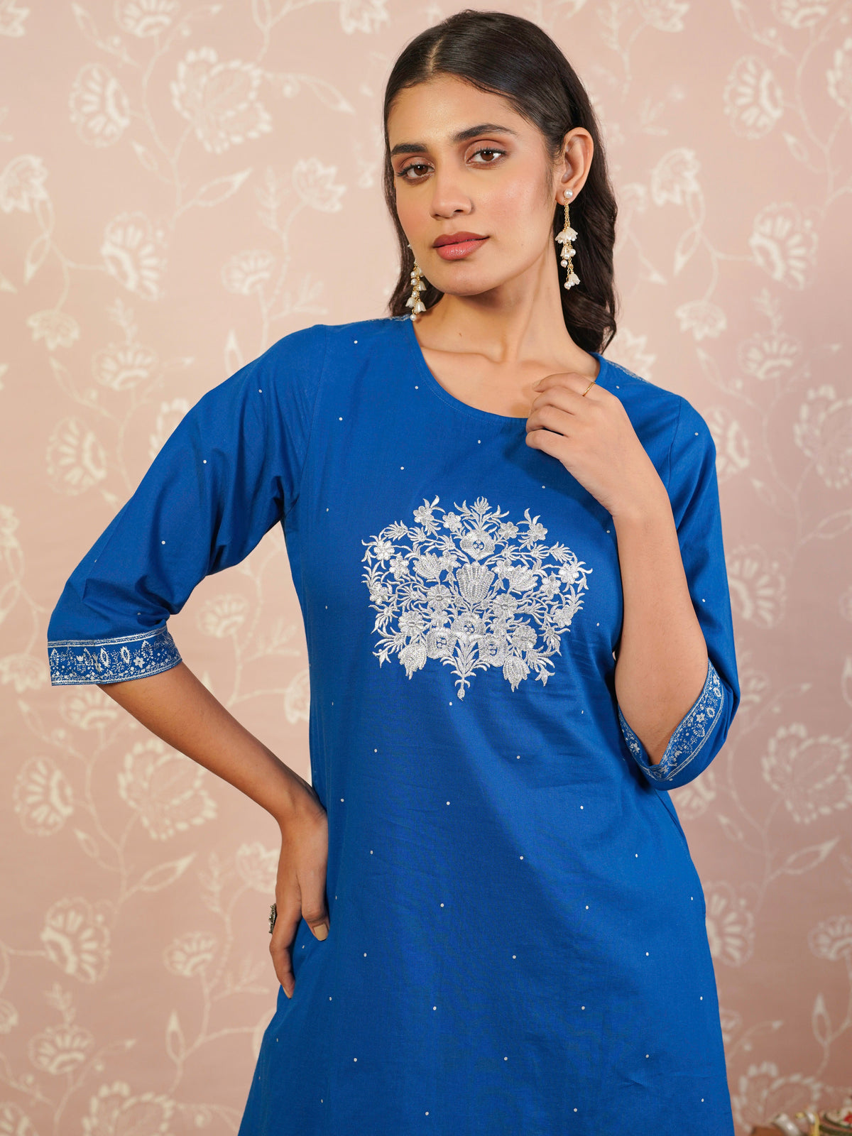 Embroidered soft cotton polka anarkali blue kurta