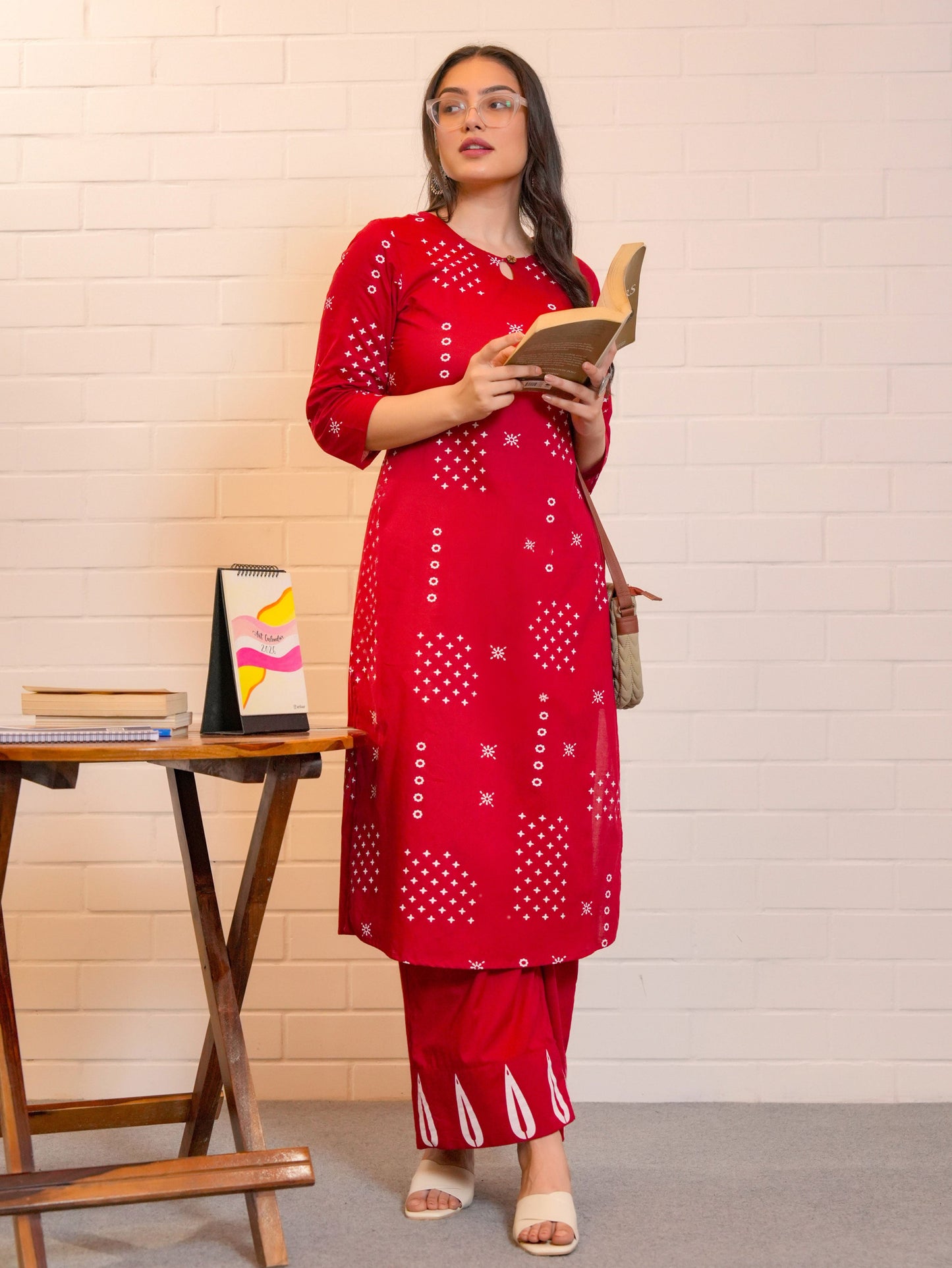 Soft Cotton Abstract Straight Red Kurta