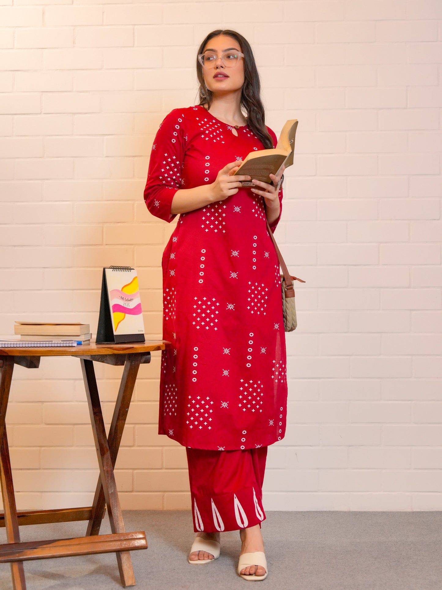 Soft Cotton Abstract Straight Red Kurta