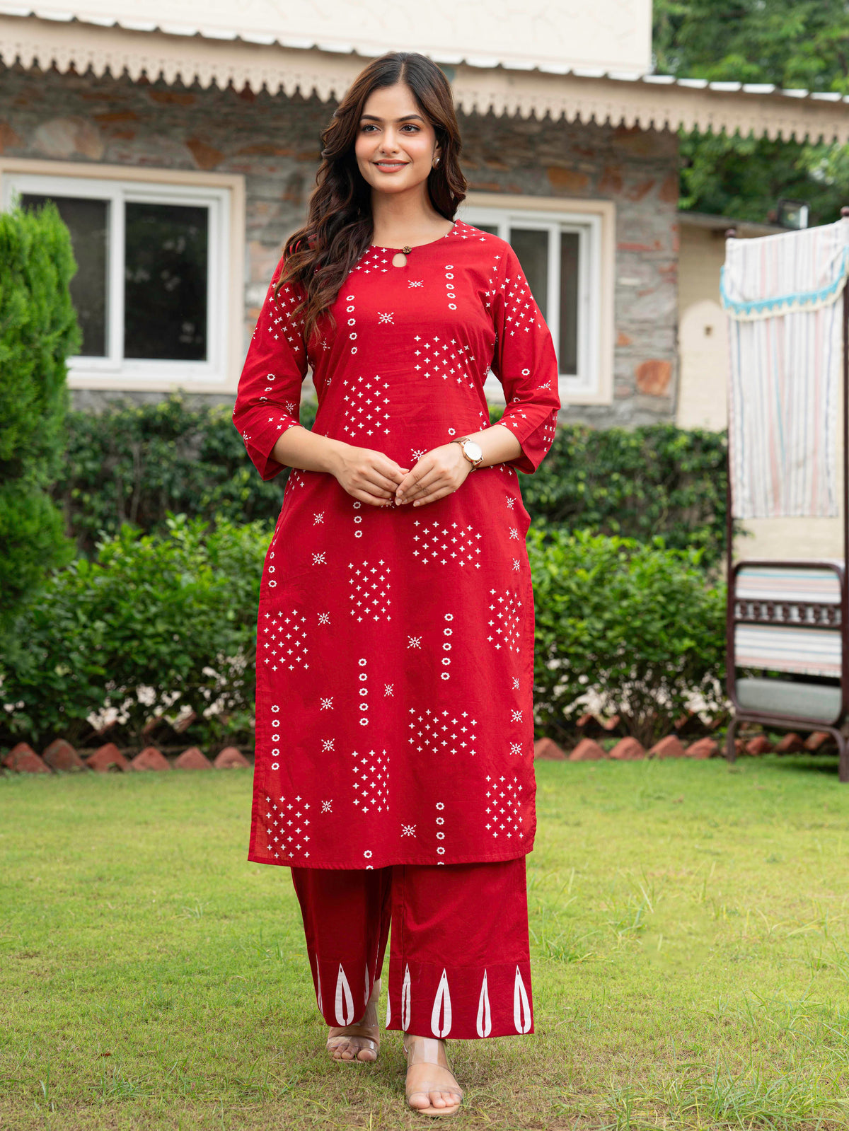 Soft Cotton Abstract Straight Red Kurta