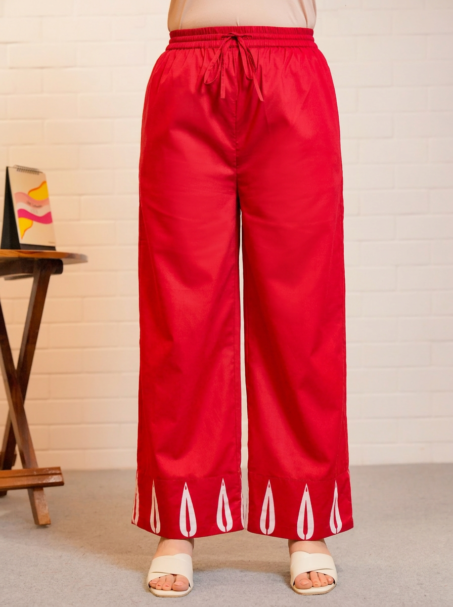 Soft Cotton Solid Red Palazzo Trousers