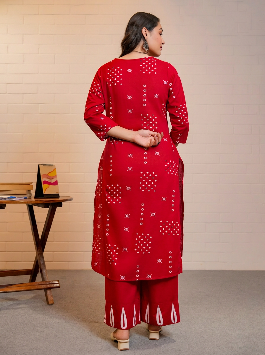 Soft Cotton Abstract Straight Red Kurta