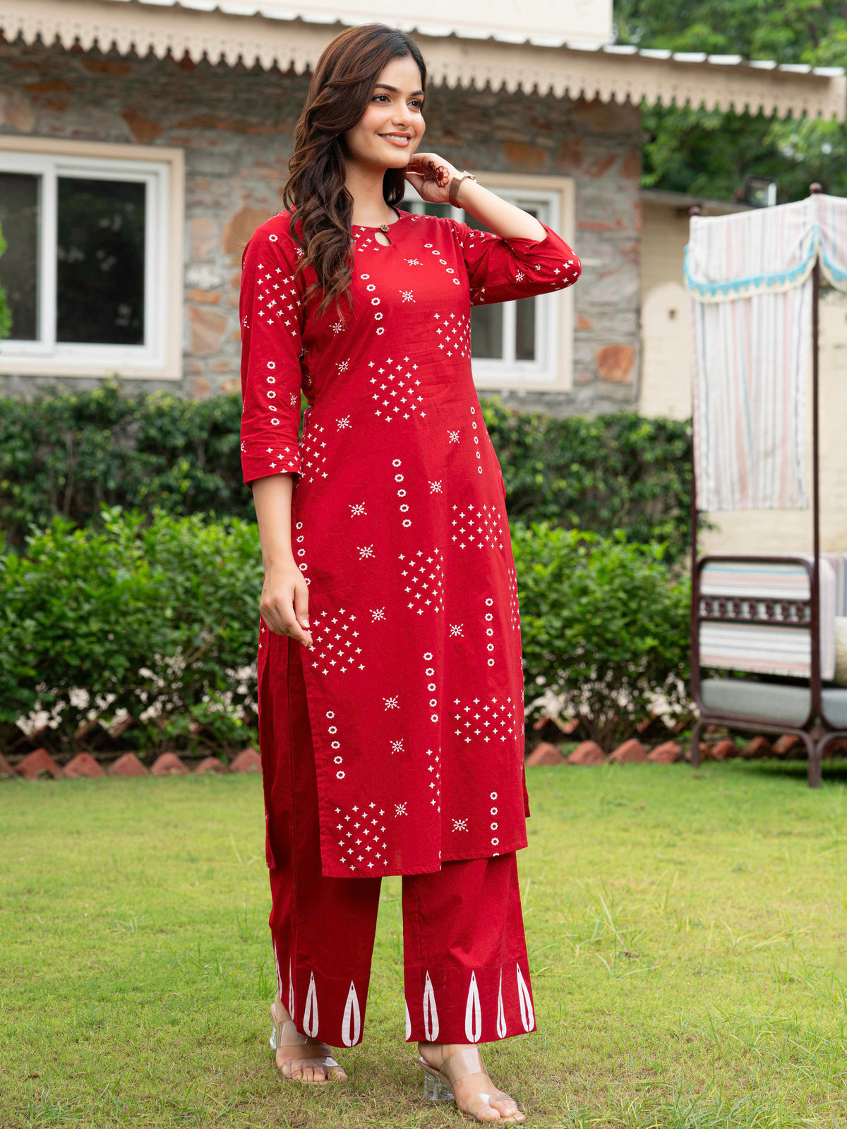 Soft Cotton Abstract Straight Red Kurta