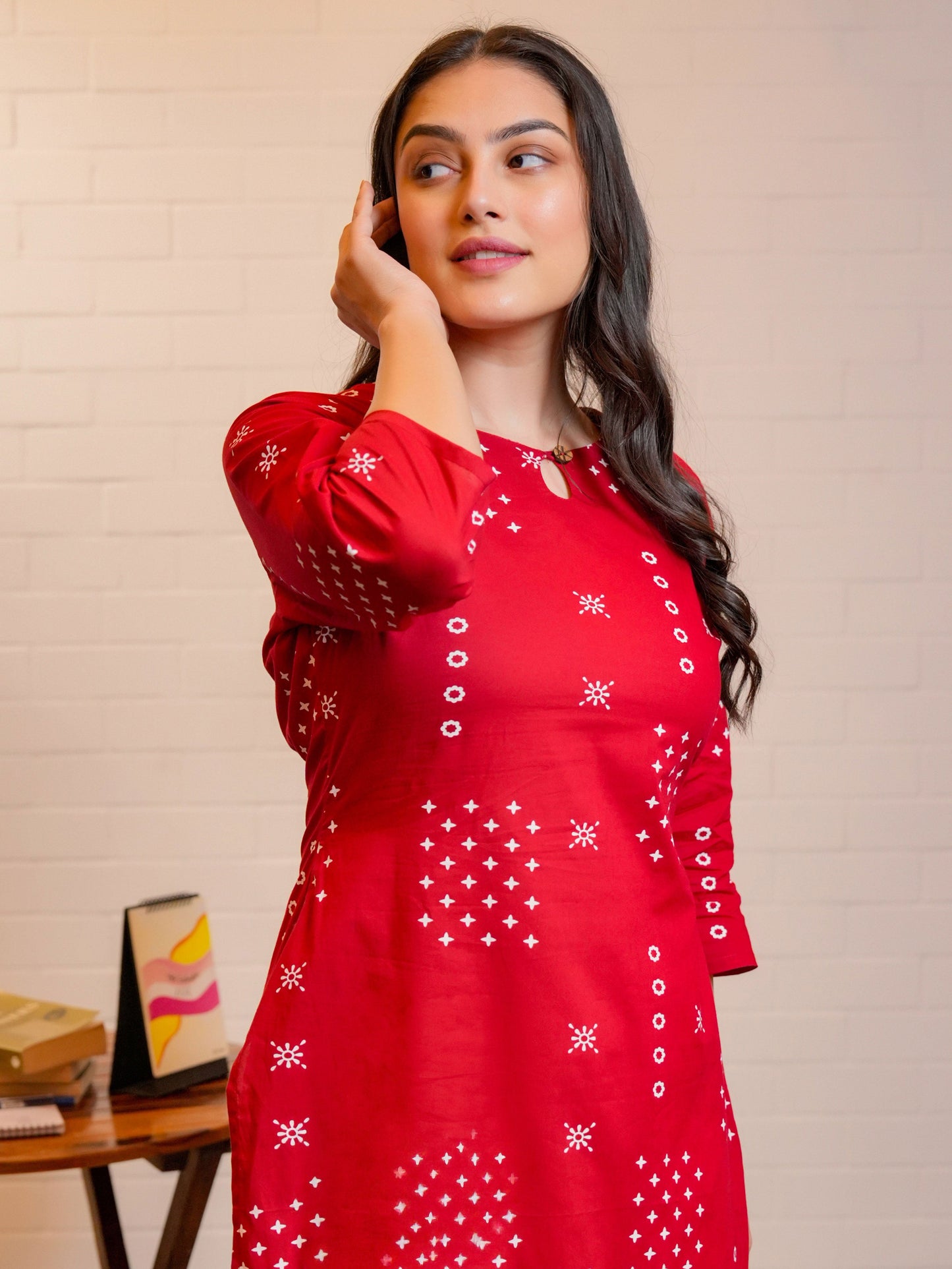 Soft Cotton Abstract Straight Red Kurta