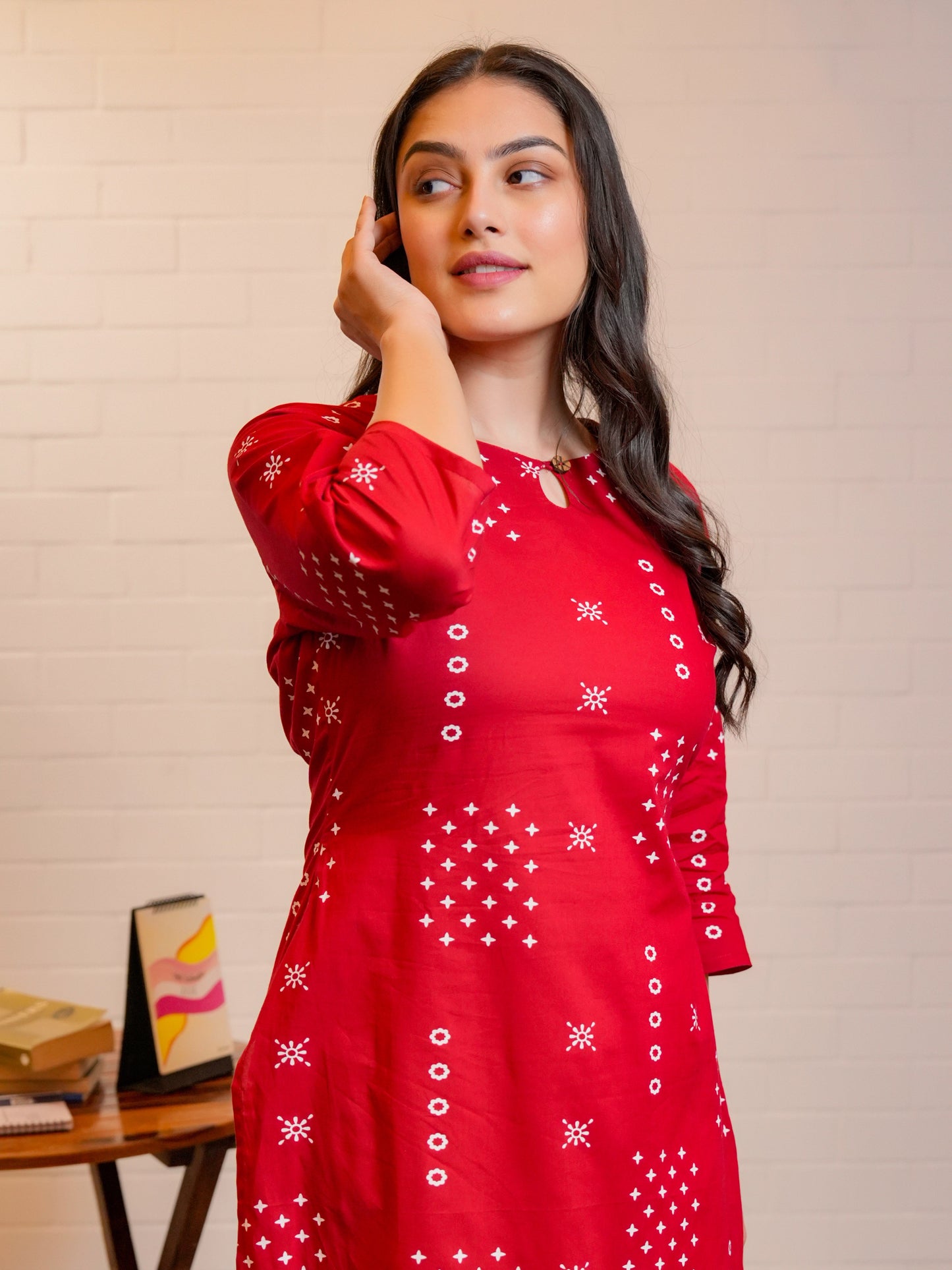 Soft Cotton Abstract Straight Red Kurta