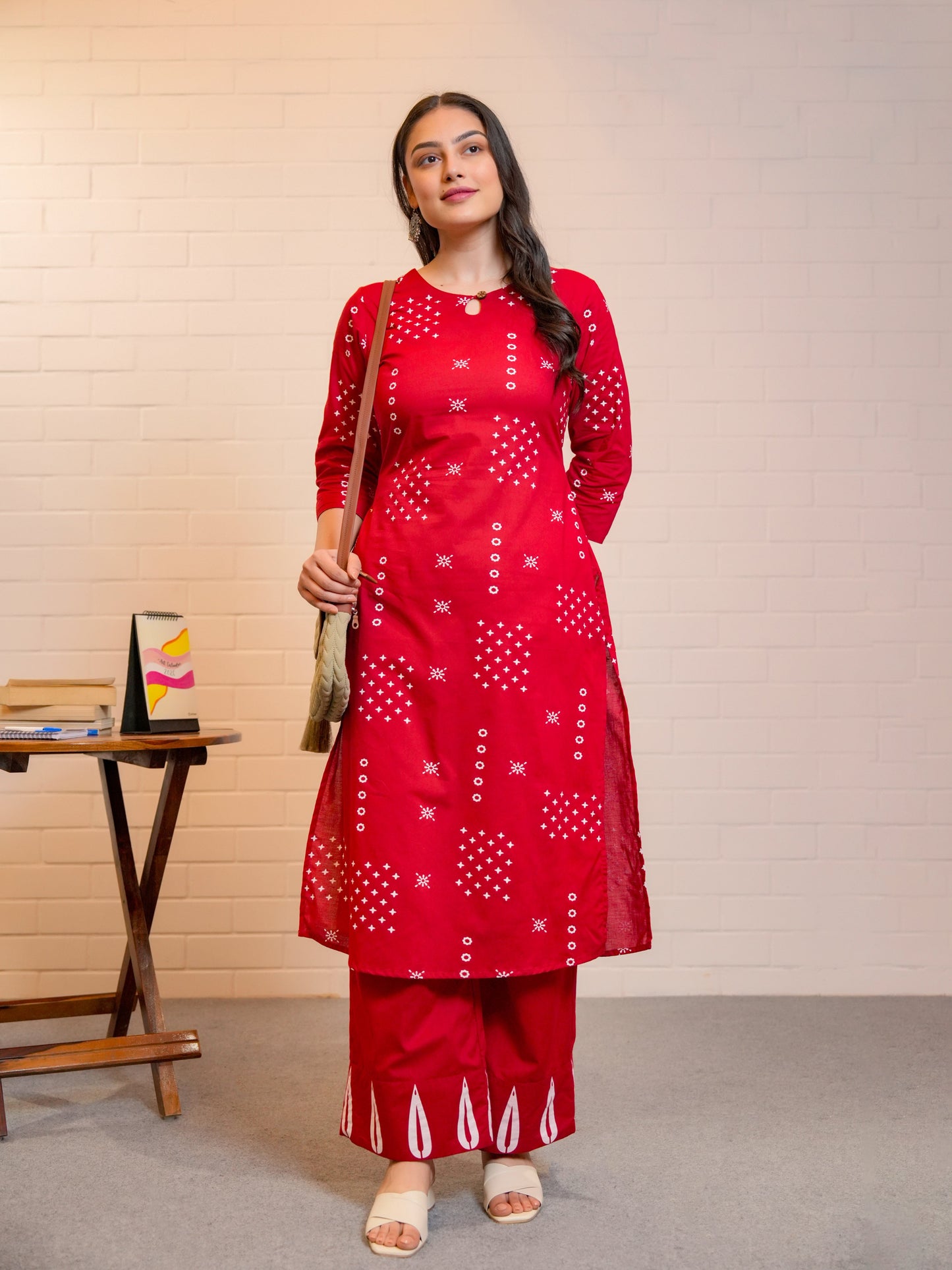 Soft Cotton Abstract Straight Red Kurta