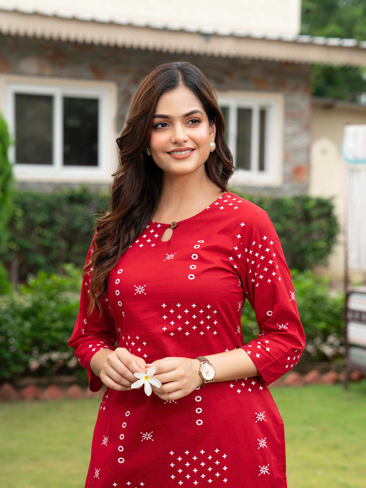 Soft Cotton Abstract Straight Red Kurta