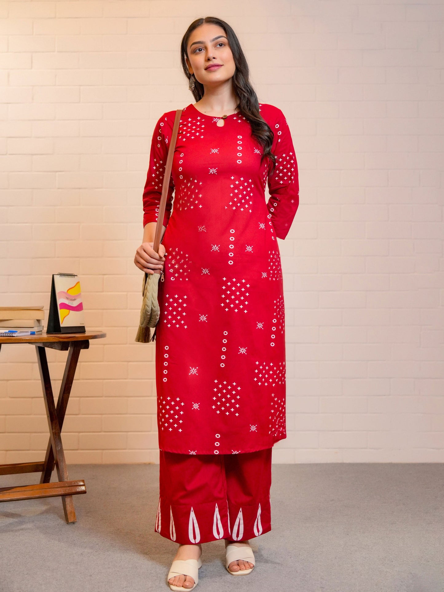 Soft Cotton Abstract Straight Red Kurta