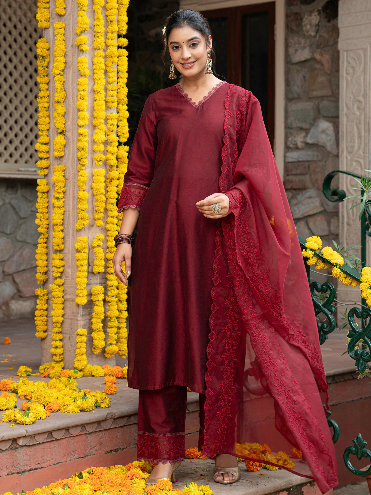 Embroidered Organza Solid Maroon Dupatta