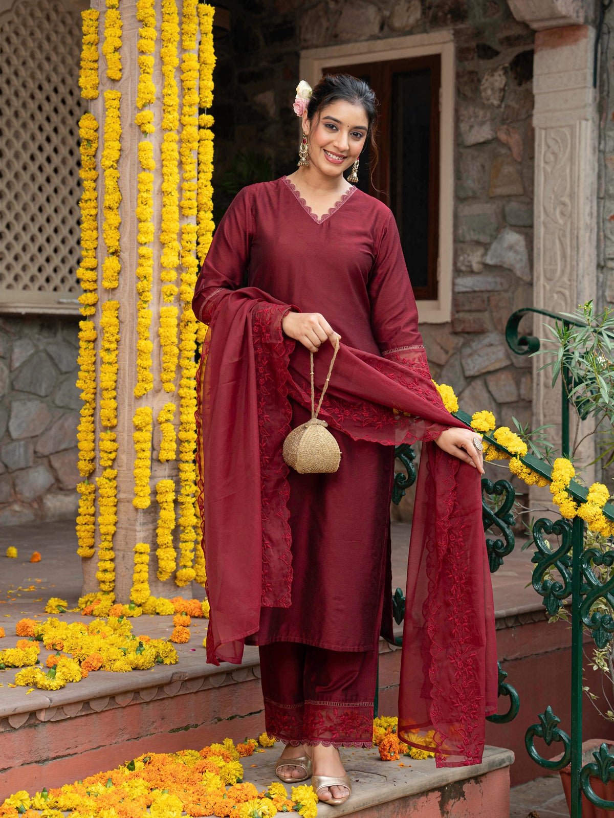 Embroidered Blended silk Solid Straight Maroon Kurta