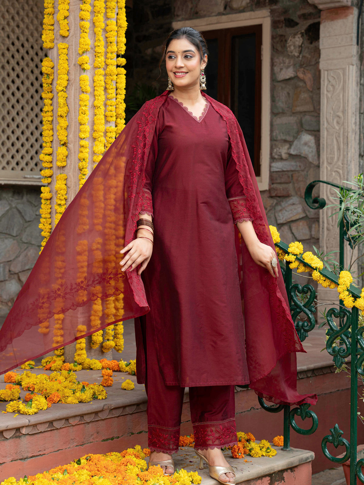 Embroidered Blended silk Solid Straight Maroon Kurta