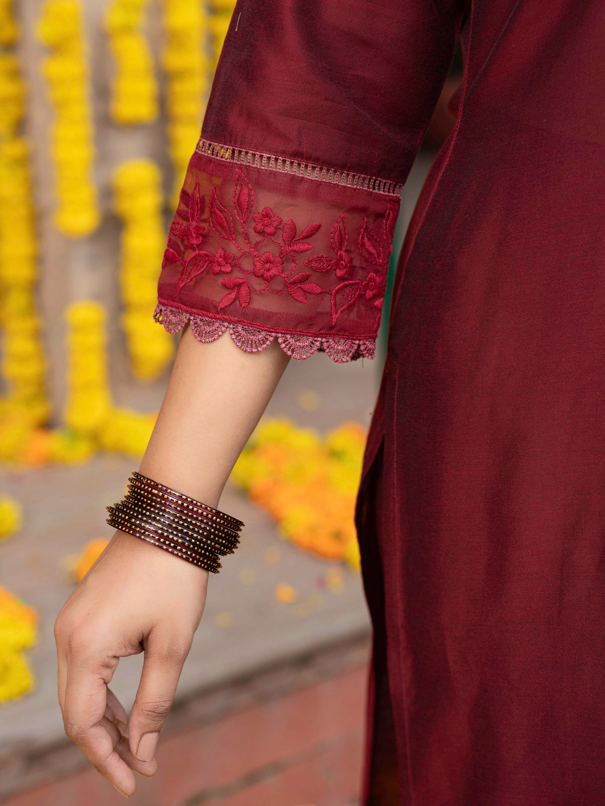 Embroidered Blended silk Solid Straight Maroon Kurta