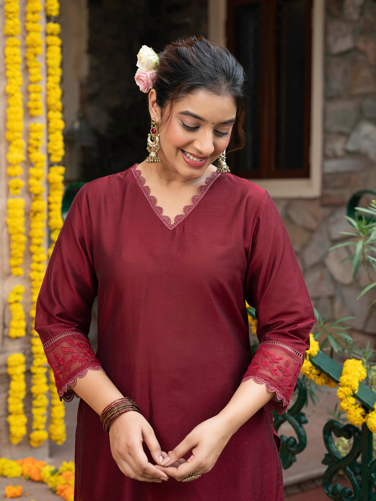 Embroidered Blended silk Solid Straight Maroon Kurta