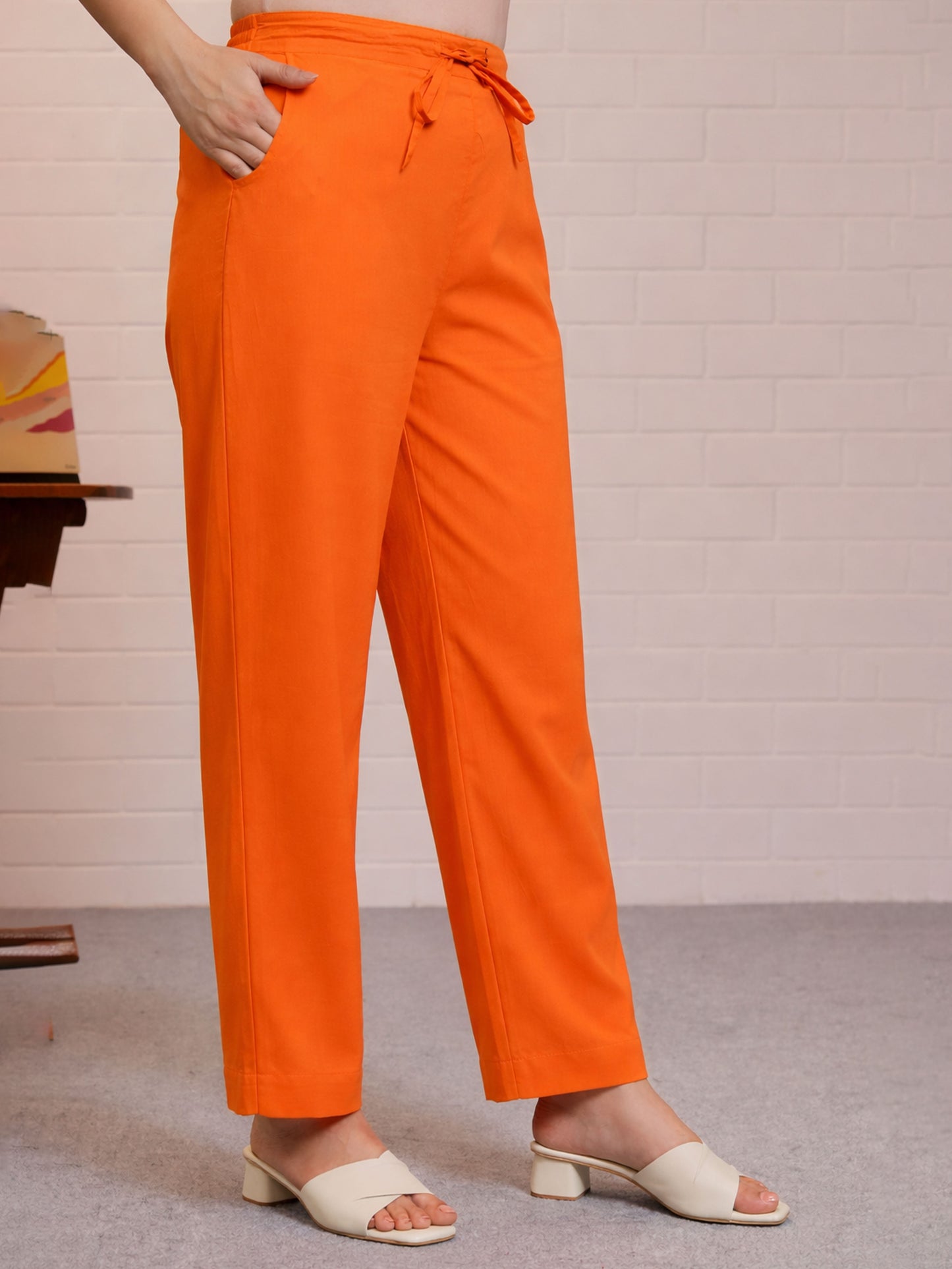 Embroidered Soft Cotton Solid Straight Orange Kurta