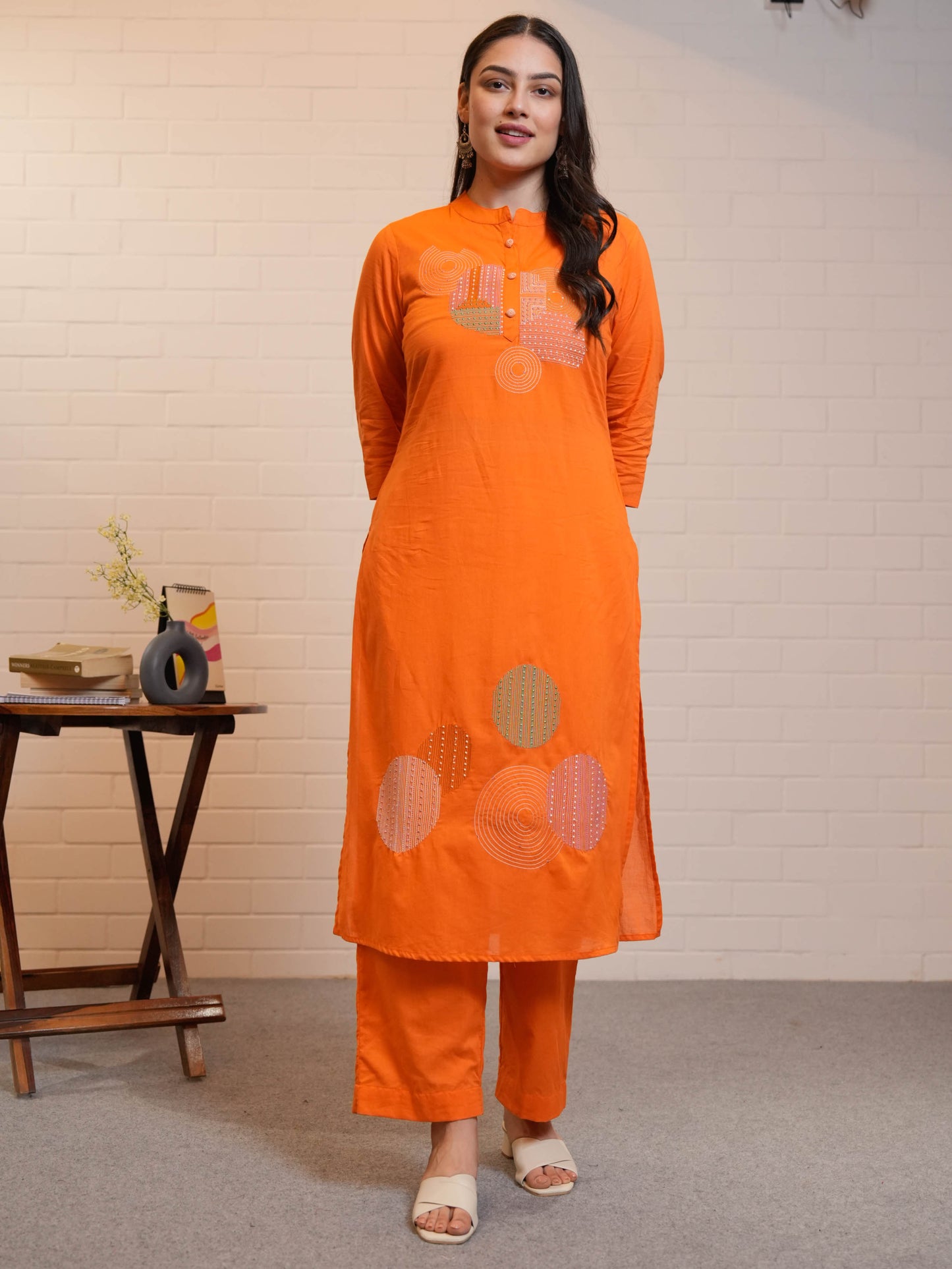 Embroidered Soft Cotton Solid Straight Orange Kurta