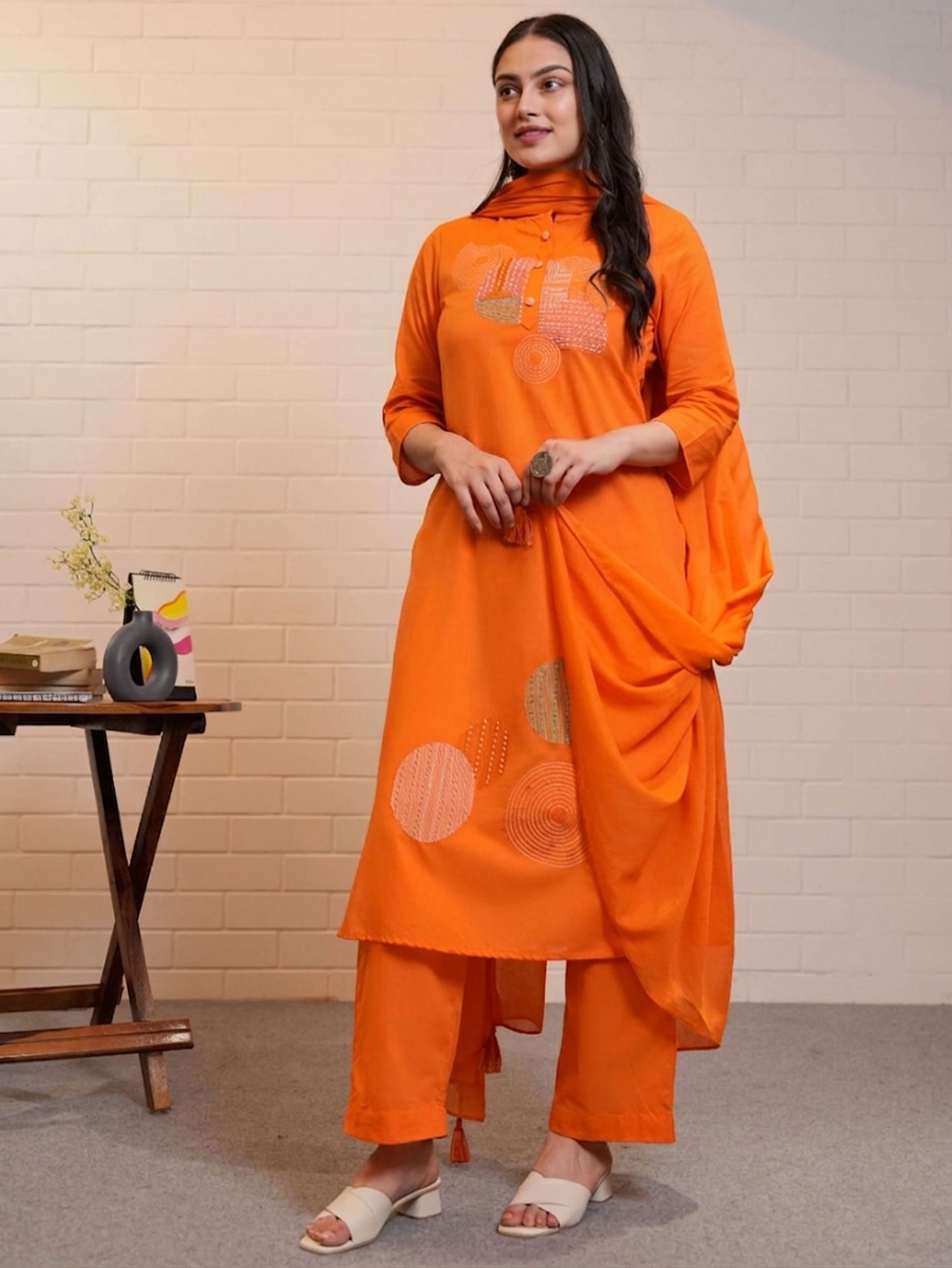Embroidered Soft Cotton Solid Straight Orange Kurta