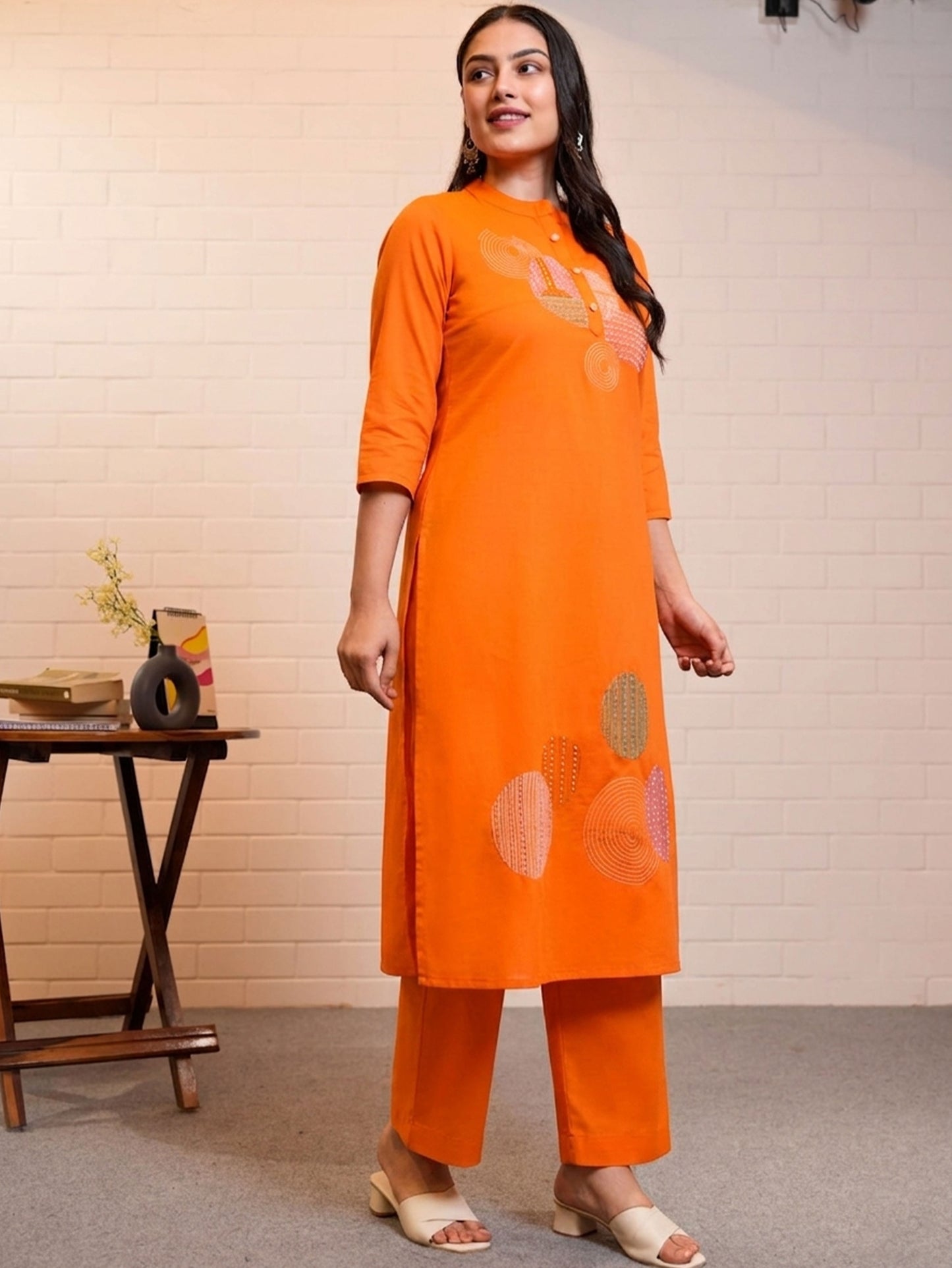 Embroidered Soft Cotton Solid Straight Orange Kurta
