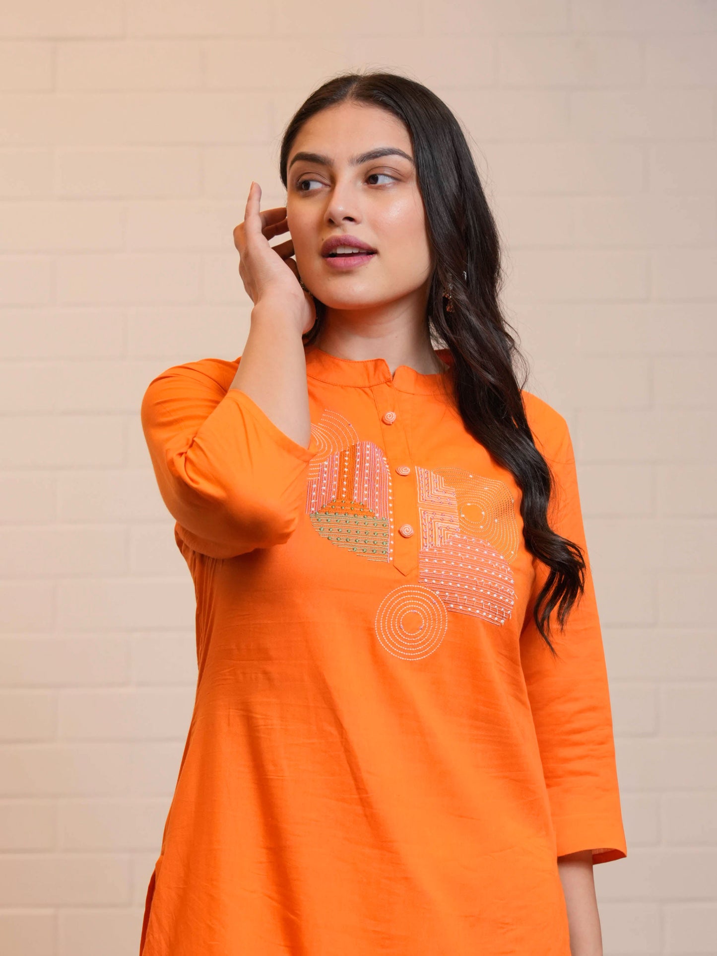 Embroidered Soft Cotton Solid Straight Orange Kurta