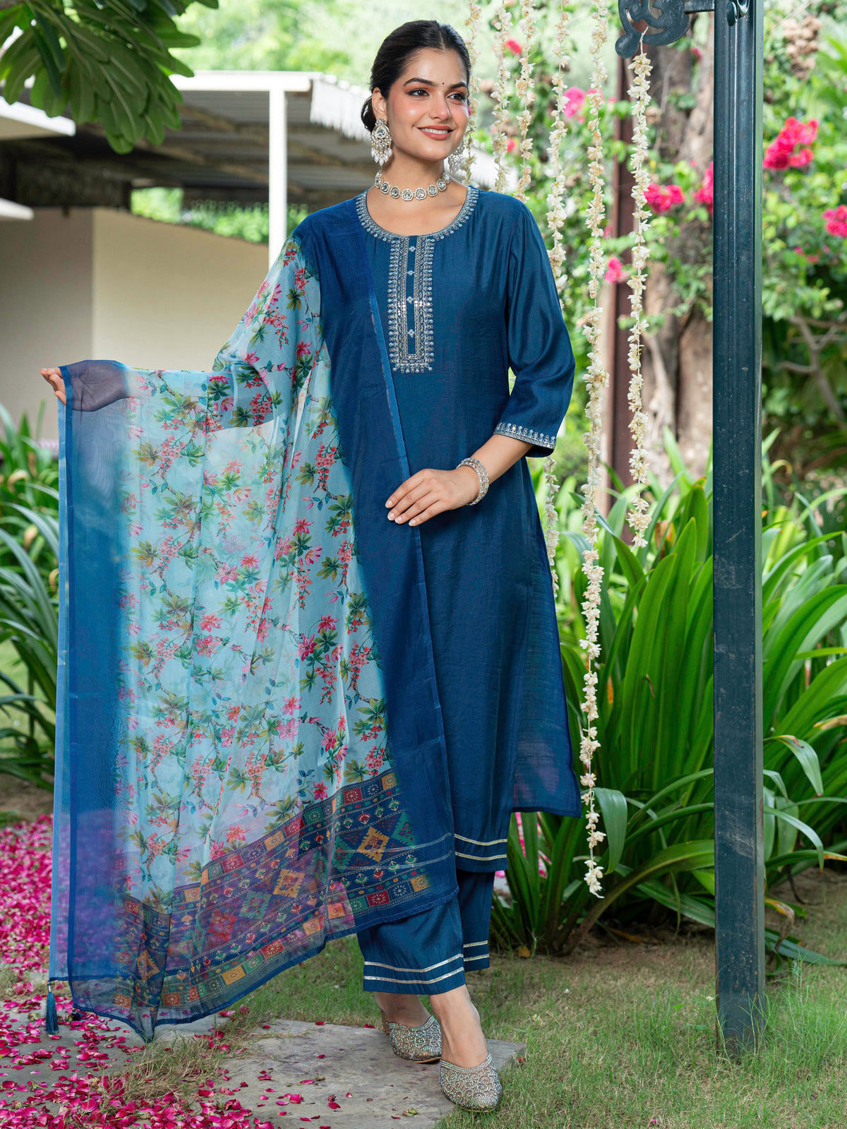 Organza Floral Blue Dupatta