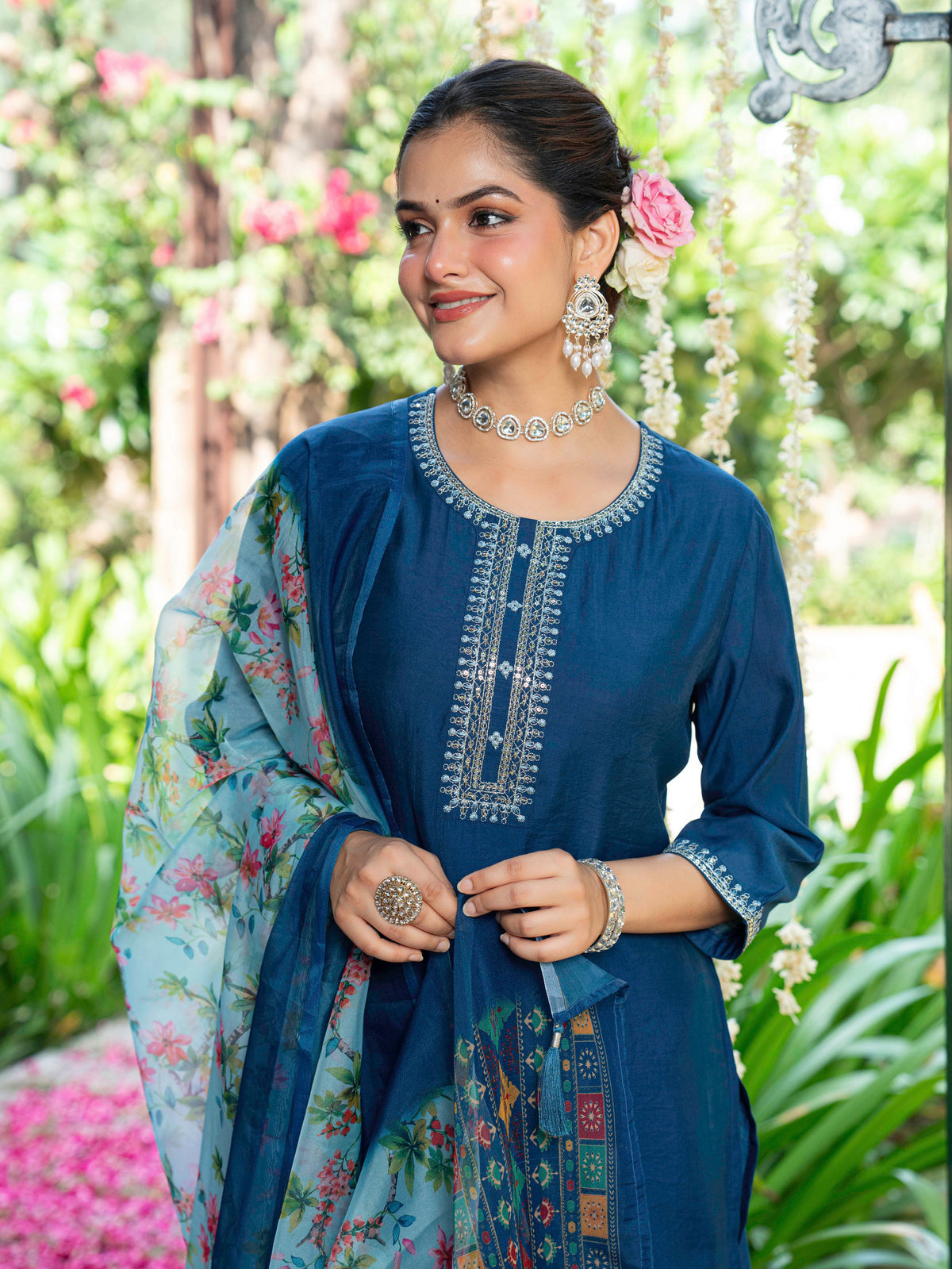 Embroidered Chanderi Solid Straight Blue Kurta