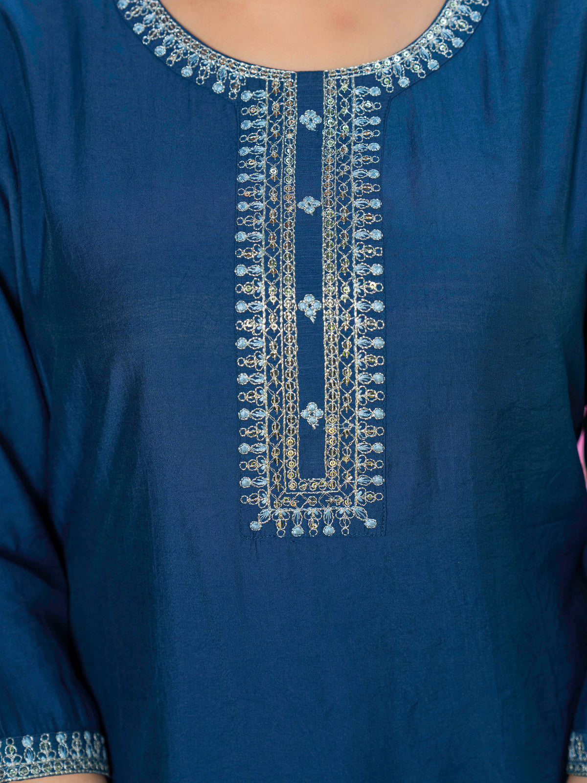 Embroidered Chanderi Solid Straight Blue Kurta