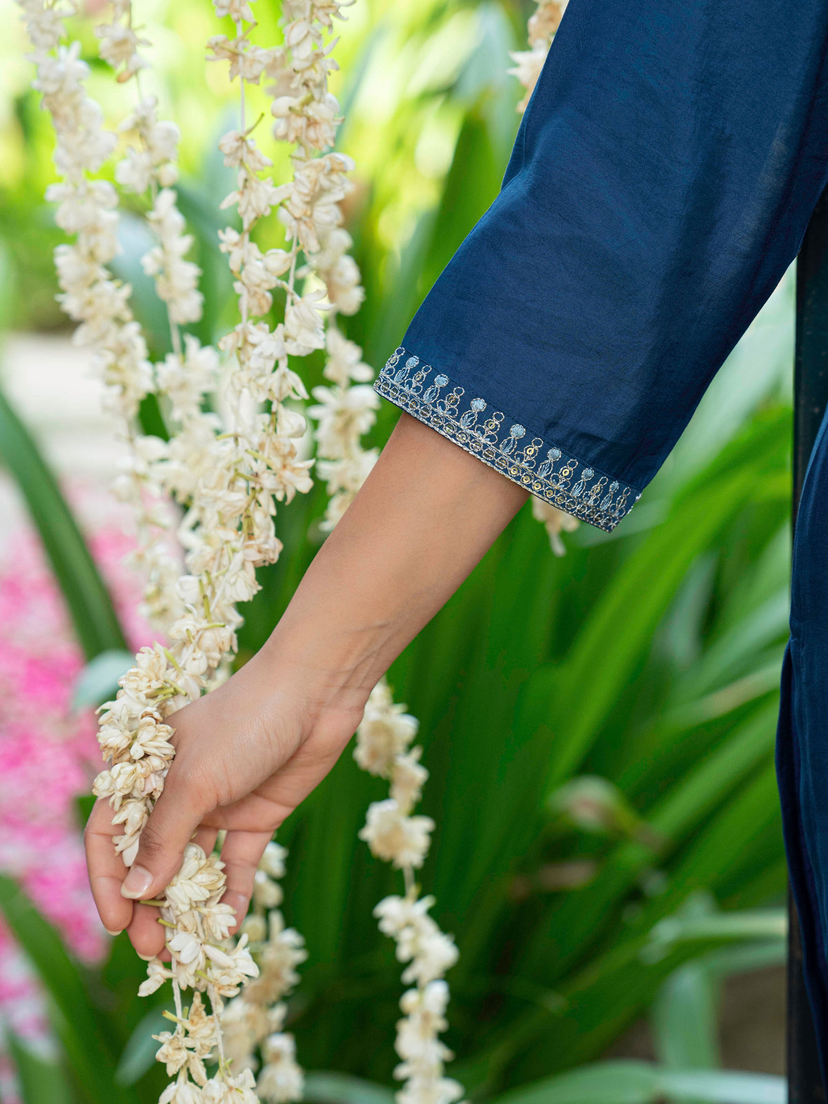 Embroidered Chanderi Solid Straight Blue Kurta