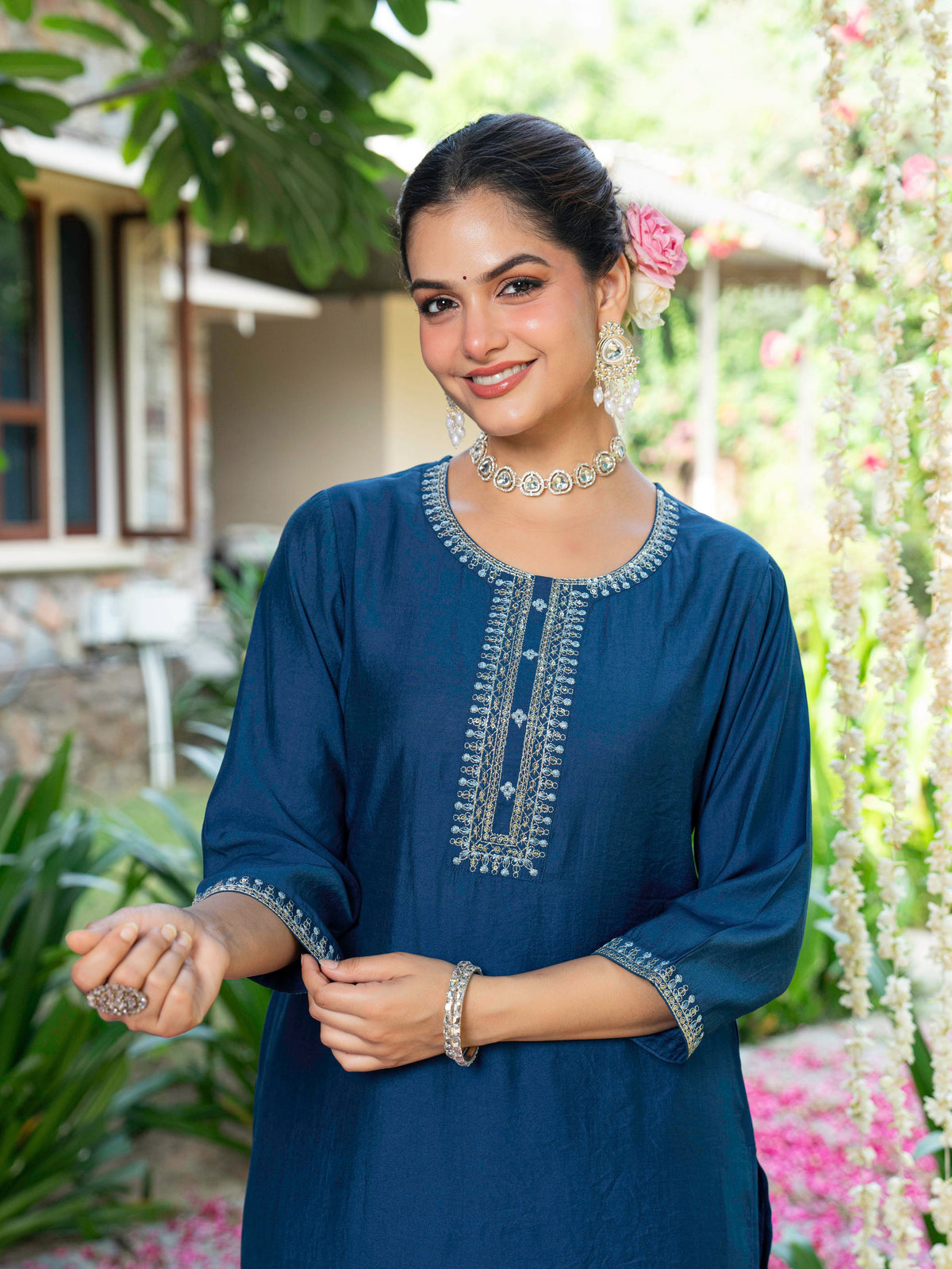 Embroidered Chanderi Solid Straight Blue Kurta