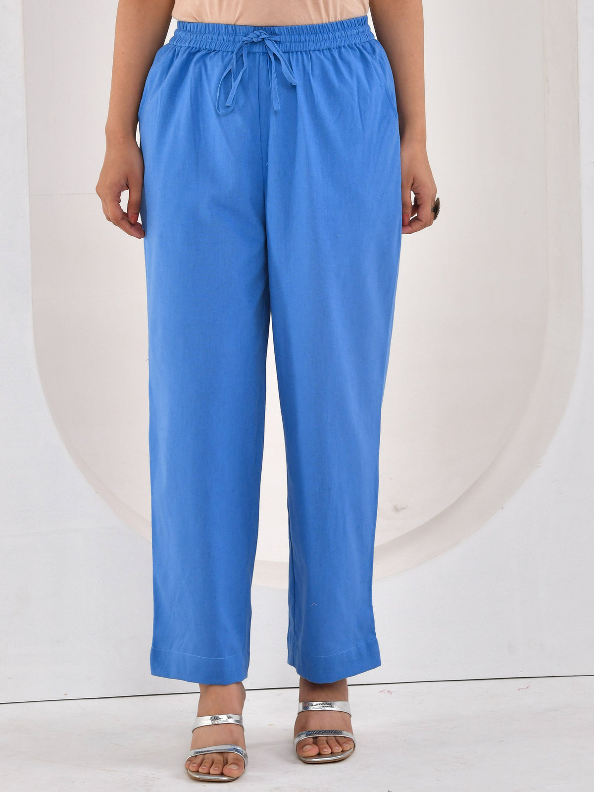 Linen cotton Solid Blue Straight Trousers