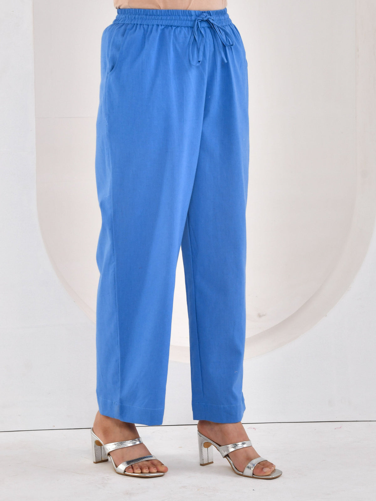Linen cotton Solid Blue Straight Trousers